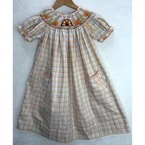 Delaney Smocked Thanksgiving Turkey Bishop Dress Gingham Size 6 Girl's NWT